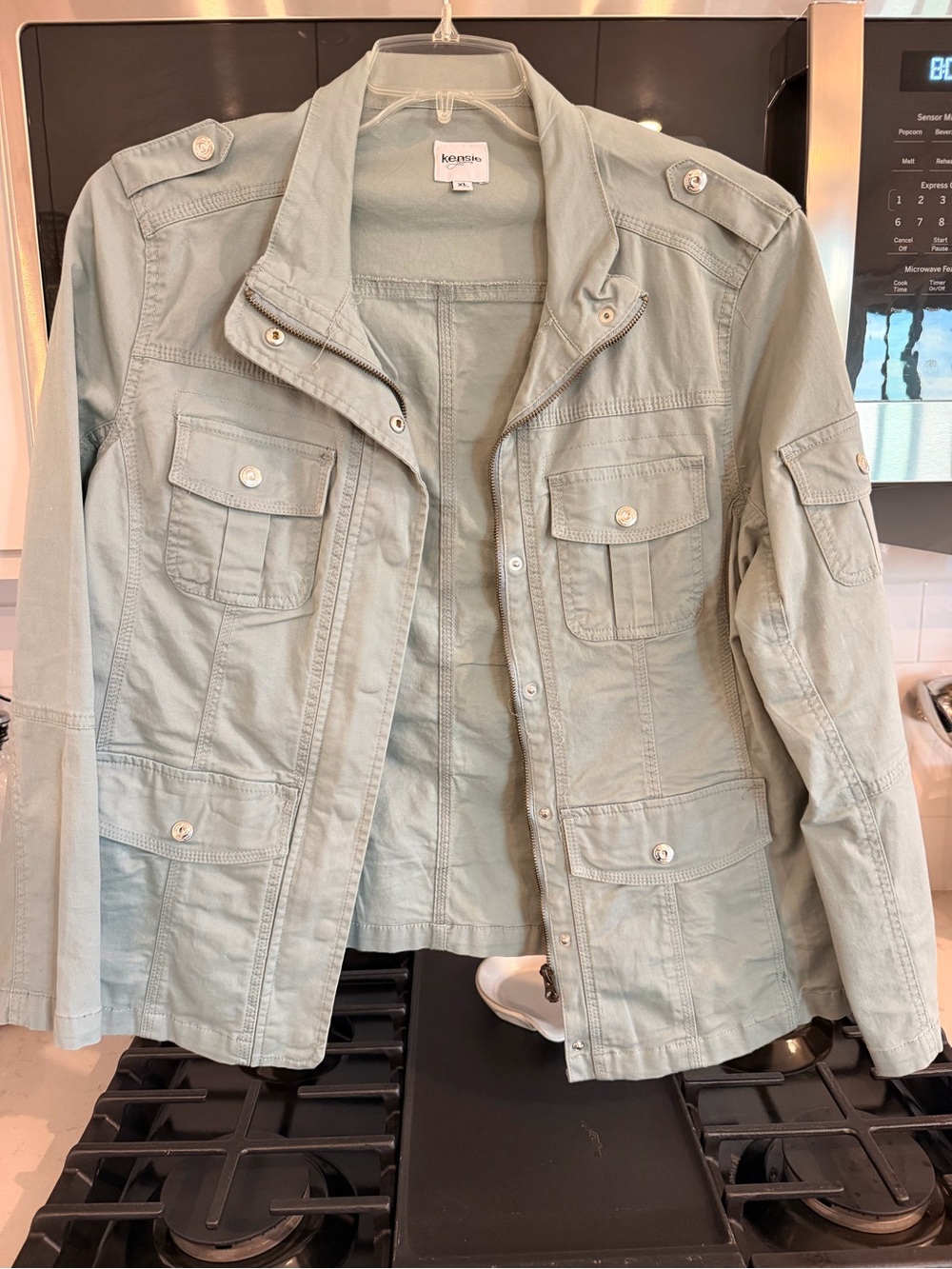 Kensie Sage Green Utility Jacket with Button Flap Pockets